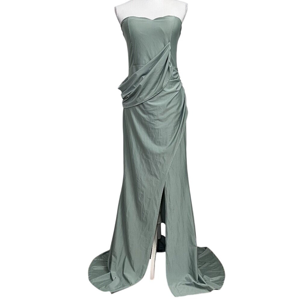 Faeriesty Sage Green Strapless Draped Formal Gown Size XL Sweetheart Neck Train